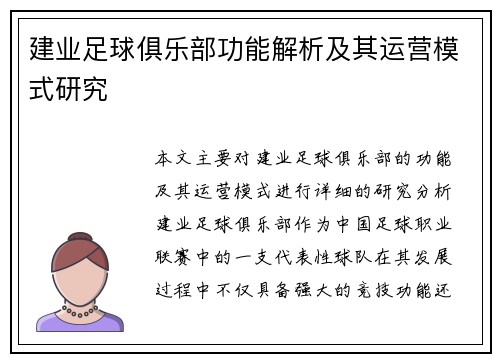建业足球俱乐部功能解析及其运营模式研究