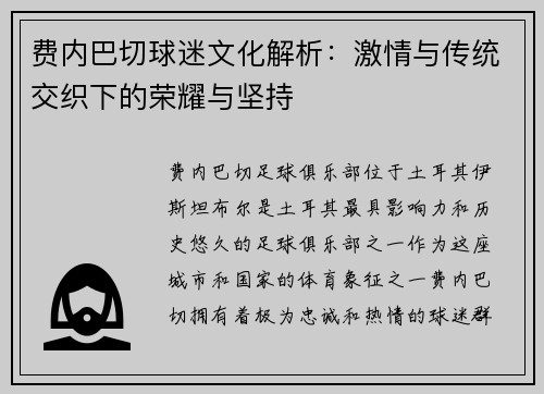 费内巴切球迷文化解析：激情与传统交织下的荣耀与坚持