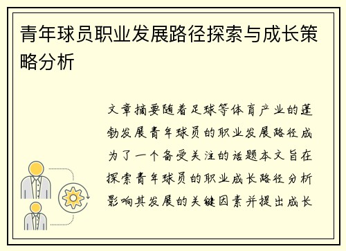 青年球员职业发展路径探索与成长策略分析